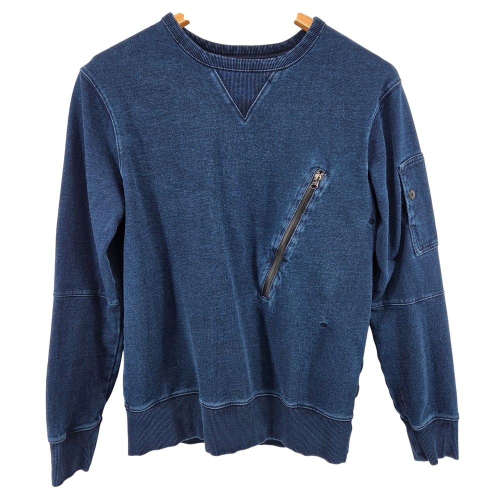 G Star Raw‎ Men's Blue Washed Crewneck Sweatshirt Zipper Detail Medium